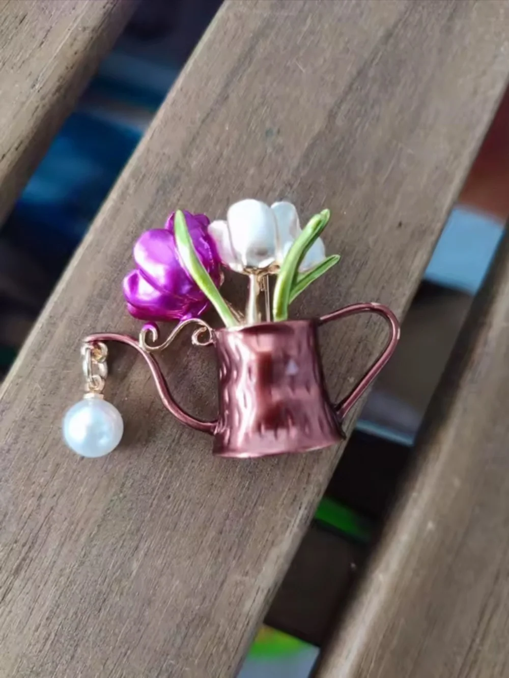 Floral Watering Can Gold Tulip Pearl Cute Chic Brooch